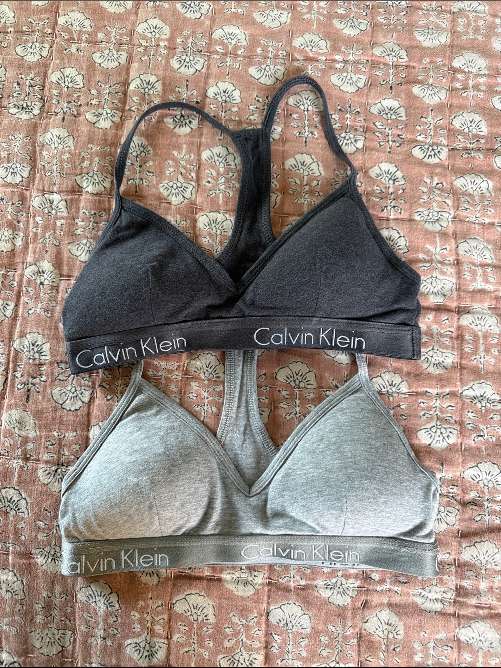 Two Calvin Klein Charcoal & Light Grey Racerback Wireless Bralettes